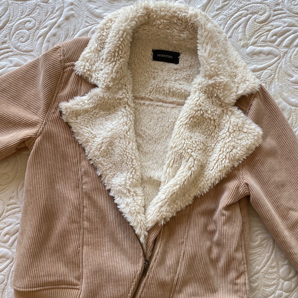 MINKPINK - baby pink corduroy & faux fur jacket